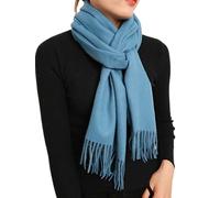 Prettystern long and soft wool scarf with fringes for autumn winter men and women - blue