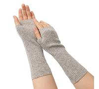 Prettystern mid-length Woman cashmere wrist warmers arm cuff fingerless rib knit gloves Silver-Grey