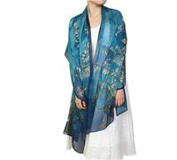 Prettystern XXL 190/110 cm Silk Stole Pareo turquoise Blue 100% Silk Painting Art Print Van Gogh Almond tree branches