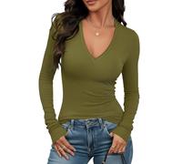 Prettywear Sexy Deep V Neck Long Sleeve Shirts for Women Ribbed Going Out Tops Fitted Casual Basic 2026 Spring Summer Clothes, Olive Green, XL