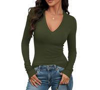Prettywear Sexy Deep V Neck Long Sleeve Shirts for Women Ribbed Going Out Tops Fitted Casual Basic 2026 Spring Summer Clothes, Army Green, M
