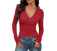 Prettywear Sexy Deep V Neck Long Sleeve Shirts for Women Ribbed Knit Going Out Tops Fitted Casual Basic Tee 2025 Fall Clothes, Red, XS