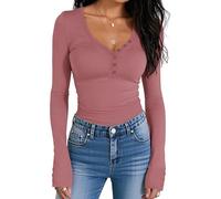 Prettywear Women Long Sleeve Henley Shirts V Neck Button Tight Slim Fitted Top Going Out Tees 2025 Trendy Spring Fall, Dusty Pink, XS