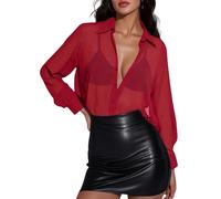 Prettywear Women Sheer Long Sleeve Tops See Through Mesh Oversized Blouses Sexy Trendy Button Down Shirts Tunic, Red, M
