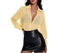 Prettywear Women Sheer Long Sleeve Tops See Through Mesh Oversized Blouses Sexy Trendy Button Down Shirts Tunic, Primrose Yellow, L