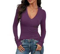 Prettywear Women's Deep V Neck Long Sleeve Ribbed Casual Bodycon Blouse for Autumn 2025