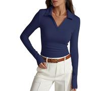 Prettywear Womens Long Sleeve Polo Shirts Business Casual Work Top Blouse Fitted Collared V Neck 2026 Spring Fashion Clothing, Navy Blue, L
