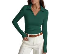 Prettywear Womens Long Sleeve Polo Shirts Business Casual Work Top Blouse Fitted Collared V Neck 2026 Spring Fashion Clothing, Dark Green, M