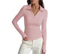 Prettywear Womens Long Sleeve Polo Shirts Business Casual Work Tops Blouse Slim Fitted Collared V Neck Shirt 2025, Light Pink, S