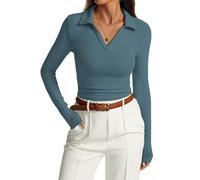 Prettywear Womens Long Sleeve Polo Shirts Collared V Neck Slim Fitted Business Casual Tops Basic T Shirts 2024 Fall Trendy, Haze Blue, M