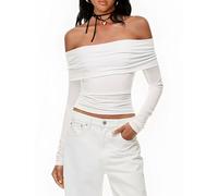 Prettywear Women's Off Shoulder Top - Sexy Long Sleeve Going Out Shirt Fitted Trendy Night Out Tops, White, XS