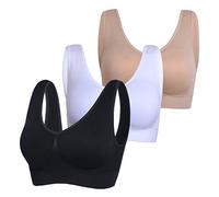 PRETTYWELL Sleep Bras for Women, Comfort Seamless Wireless Stretchy Sports Bra,3 Pack Yoga Bras, with Removable Pads, Black/White/Nude, XXL