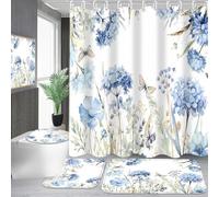 Pretyw 4-Piece Blue Floral Shower Curtain Butterfly Flowers Bathroom Set with Shower Curtain and Rugs, Blue White Bath Set with Hooks for Farmhouse Home Decor