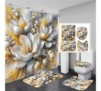 Pretyw 4-Piece Magnolia Flowers Shower Curtain Set Dreamy Beauty Bathroom Accessory Set with Shower Curtain and Rugs, Gold White and Gray Bath Curtain with Hooks for Home Decor