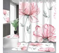 Pretyw 4-Piece Pink Flowers Shower Curtain Set Floral Leaves Bathroom Set with Shower Curtain and Rugs, Pink White Minimalist Bath Curtain with Hooks for Modern Home Decor