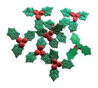 PRETYZOOM 100pcs Artificial Holly Berry with Green Leaves Iron on Patches Cake Toppers Christmas Table Scatter Confetti Decorations