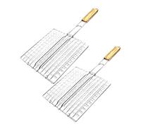 PRETYZOOM 2 pieces grill stainless steel fish roaster, BBQ grill basket, grill grate, fish holder, grill spatula, fish griller, vegetable holder, oven rack for vegetables, steak, shrimp, bread