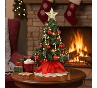 PRETYZOOM 21 Inch/53cm Mini Christmas Tree, Complete Pre-lit Tabletop Xmas Tree with 50 LED Lights & Ornaments, Small Decorated for DIY Home Decor, Walkway Office Desk & Window Sill