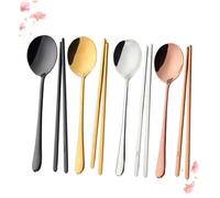 PRETYZOOM 4-Piece Stainless Steel Flatware Set Korean Style Spoons and Chopsticks Solid Wide Cutlery in Gold Silver Rose Gold and Black for Parties and Banquets