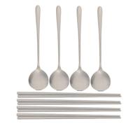 PRETYZOOM 4 Sets Korean Style Reusable Stainless Steel Spoon and Flat Chopsticks Set with Long Ergonomic Handles for Comfortable Grip Mirror Polished Tableware for Kitchen and Hot Pot Use