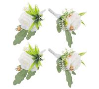 PRETYZOOM 4pcs Artificial Wedding Boutonniere Pins for Groom and Bridesmaid Group Elegant Fabric Flower Brooch Corsage with Pearl Leaves Lightweight and Natural-looking Lapel Flowers