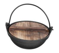PRETYZOOM Cast Iron Outdoor Cooking Pot with Wooden Lid Hiking Cookware for Camping Multifunctional Stockpot for Noodles Shabu Shabu Stews Easy Clean Hot Pot