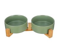 PRETYZOOM Ceramic Pet Bowl with Sturdy Wooden Frame and Non-slip Stand, Raised Double round Bowls for Cats and Dogs, Stylish Appearance for Daily Feeding and Home Decor