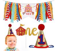 PRETYZOOM Circus 1st Birthday Party Decoration Set: Banner | Cake Topper Flag | One-year-old Hat First Birthday Party Supplies