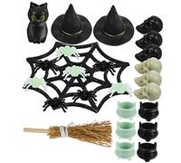 PRETYZOOM Halloween Miniature Witch Hat and Cauldron Set 25pcs Includes Mini Skulls Spider Web Cat Broom Plastic Ornaments for Doll House and Party Decor