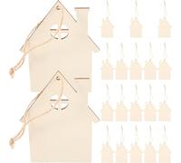 PRETYZOOM Unfinished House Shaped DIY Wooden Cutouts, 20pcs Rustic Wooden House Craft Embellishments with Ropes Farmhouse Christmas Tree Hanging Ornaments for Wedding Home