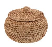 PRETYZOOM Wicker Storage Basket with Lid Handwoven Round Rattan Box for Small Essential Storage Desktop Organizer Multipurpose Vietnamese Handmade Basket