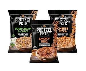 Pretzel Pete Assorted Pretzel Mix - Tasty Authentic American Healthy Crunchy Savoury Party Sharing Snack with No Artificial Flavours - 3 x 160g Packs, 1 of Each Cheese Pizza, Sour Cream & Smoky BBQ