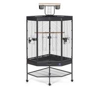 Prevue Pet Products Corner Bird Cage with Playtop - Large Cage with Rolling Stand, Comes with Wooden Perches & Double Food & Water Cups, Secure Side Door Locks, Elevated Playtop for Enrichment - Black
