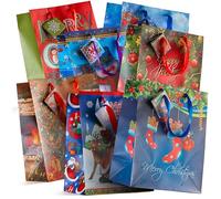 Prextex 12 Assorted 13 Inch Christmas Bags for Gifts - Bulk Tissue Paper Bags Large Size in Assorted Bright Prints Christmas Bags for Gifts Party Favors, 12 Gift bags for Christmas
