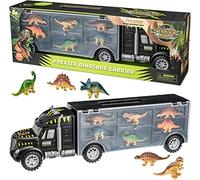 Prextex 40cm Tractor Trailer Dinosaur Toys Truck Transport Carrier with 6 Mini Plastic Dinosaurs or Stocking Fillers for Boys Girls and the Kids at Heart!