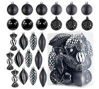 Prextex Black Christmas Ball Ornaments Christams Decor 24 Pieces Xmas Tree Shatterproof Ornaments Hanging Loop Holiday & Party Decoration (Combo Of 8 Ball & Shaped Styles), Medium, 8