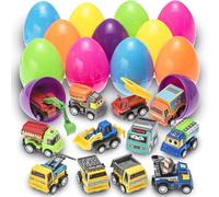 Prextex Easter Toy Eggs Filled with Pull-Back Construction Vehicles - Set Of 12 Eggs for Easter Egg Hunt Kit with Kids, Party Bag Fillers, Easter Gifts and Games