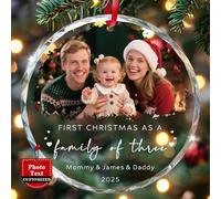 PREZINA Personalised Family Christmas Bauble Ornament with Photo, Custom Family Bauble for Xmas Tree Decorations, Best Customised Family Xmas Gift for Our First Christmas as a Family of 3