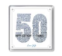 PREZZIFY 50th Birthday Personalised Word Art Drinks Coaster Gift. Any Name & Message. 50 Fifty Years Birthday Present for Him or Her, Mum or Dad