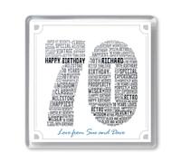 PREZZIFY 70th Birthday Personalised Drinks Coaster Word Art Gift. Add Any Name & Message. 70 Seventy Years. Ideal Birthday Present for Him or Her.
