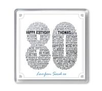 PREZZIFY 80th Birthday Personalised Word Art Drinks Coaster Gift. Any Name & Message. 80 Eight Birthday Present for Him Her Mum Dad Grandad Grandma