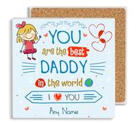 PREZZIFY Best Daddy Personalised Gift Ceramic Drinks Coaster. from 1 Child. Boy or Girl. Blonde or Brown Hair. Any Message. Fathers Day For Dad