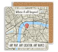 PREZZIFY Personalised Map Ceramic Coaster Gift - Any Location - Custom Map Gift. Where it all Began. Where We First Met. Anniversary Engagement Valentine, Husband, Boyfriend, Wife, Girlfriend. 10cm