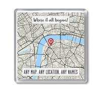 PREZZIFY Personalised Map Coaster Gift - Any Location - Custom Map Gift. Where it all Began. Where We First Met. Anniversary Engagement Valentine, Husband, Boyfriend, Wife, Girlfriend. Acrylic 10cm