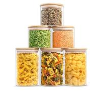 PRICE BEATER Glass Storage Jars with Bamboo Lids 2 Sizes 3x750ml 3x1200ml Set of 6, Airtight High Borosilicate Food Canisters for Kitchen, Clear Containers for Cereal, Pasta, Coffee, Tea, Sugar,