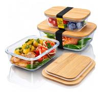 PRICE BEATER Meal Prep Glass Food Storage Containers, Food Containers with Airtight Bamboo Lids, Lunch Box, Eco friendly Glass Meal Prep Containers, with 3 Stretchable Elastic bands (Set of 3)