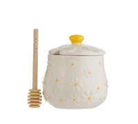 Price & Kensington Daisy Honey Pot & Drizzler | Ceramic Honey Pot with Embossed Daisy 3D Lid | Hand-Painted Yellow Handle | Includes Wooden Drizzler