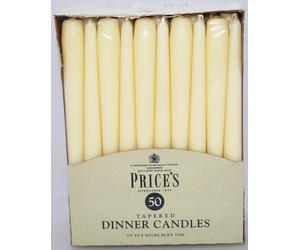 PRICE`S TAPERED DINNER CANDLES 25cm 50 Pack Non Dripping Ivory,Red,White,Green