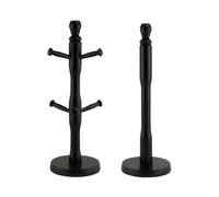 PriceKingX Kitchen Roll Holder and Mug Tree - and Paper Towel Holder Bathroom Storage Paper, Mugs and Cups Stand 6 Hoods (Beech Wood/Black, Mug Tree + Towel Stand) (Black)