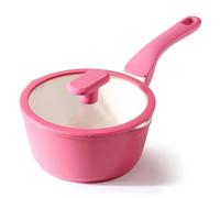 PRICUSIS Ceramic Nonstick Saucepan with Lid, 2 Quart Non Toxic Pot with Pour Spouts, Full Coated, 100% Dishwasher Safe, Induction Compatible, PTFE PFAS & PFOA Free, Raspberry Red